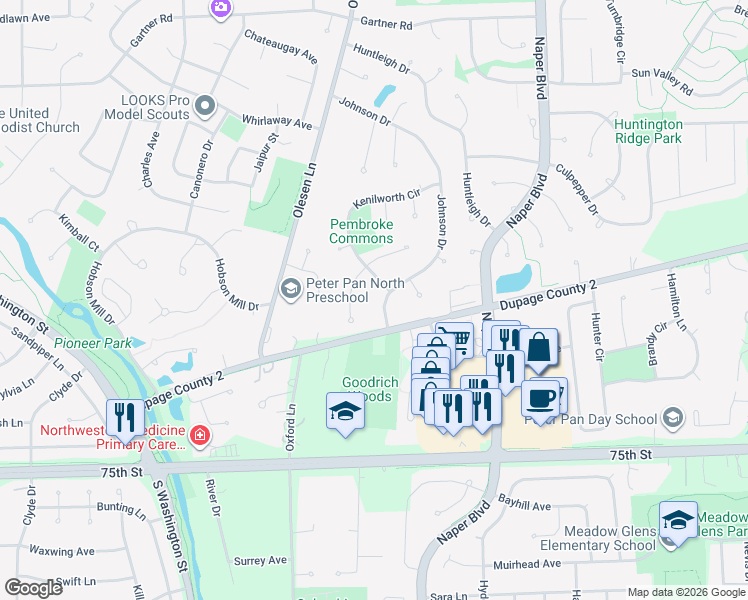 map of restaurants, bars, coffee shops, grocery stores, and more near 1177 Kenilworth Circle in Naperville