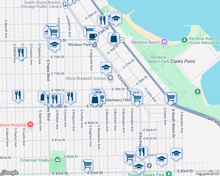 map of restaurants, bars, coffee shops, grocery stores, and more near 7758 South Burnham Avenue in Chicago