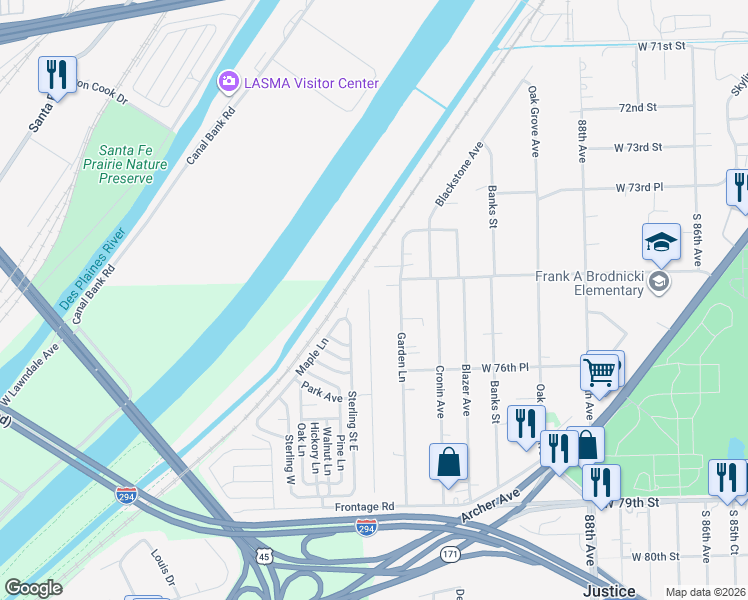 map of restaurants, bars, coffee shops, grocery stores, and more near 827 Victory Lane in Justice