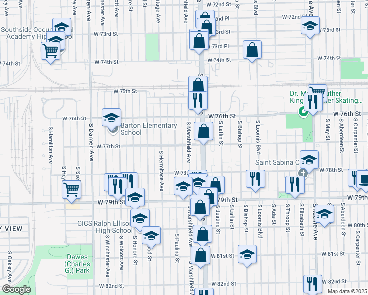 map of restaurants, bars, coffee shops, grocery stores, and more near 1641 West 77th Street in Chicago