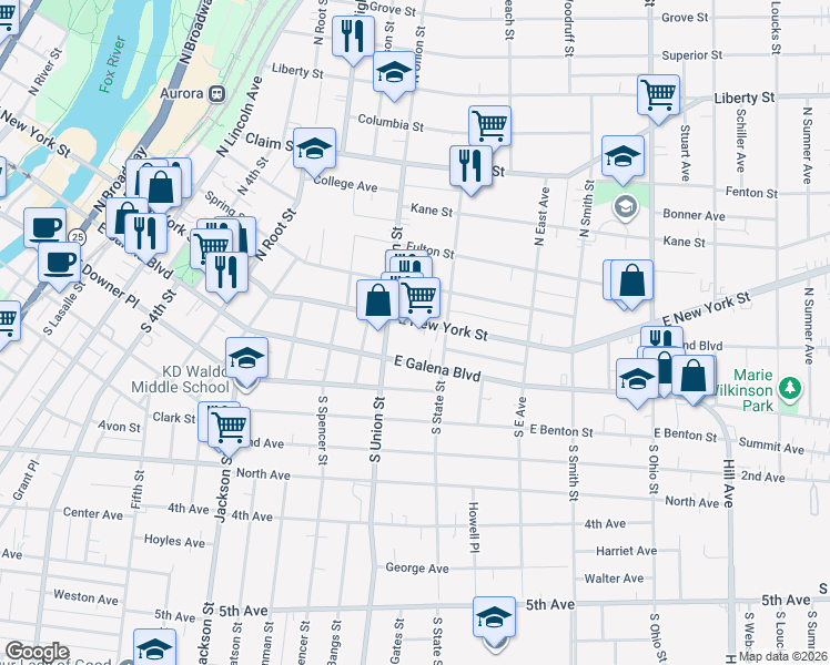 map of restaurants, bars, coffee shops, grocery stores, and more near 717 East New York Street in Aurora