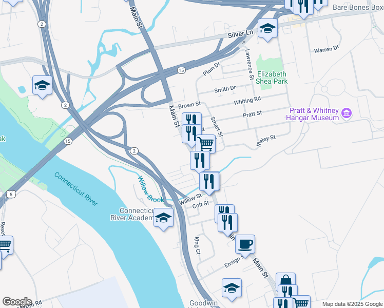 map of restaurants, bars, coffee shops, grocery stores, and more near 452 Main Street in East Hartford