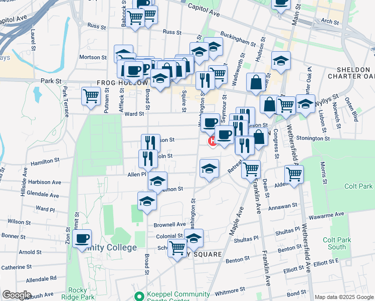 map of restaurants, bars, coffee shops, grocery stores, and more near 10 Lincoln Street in Hartford