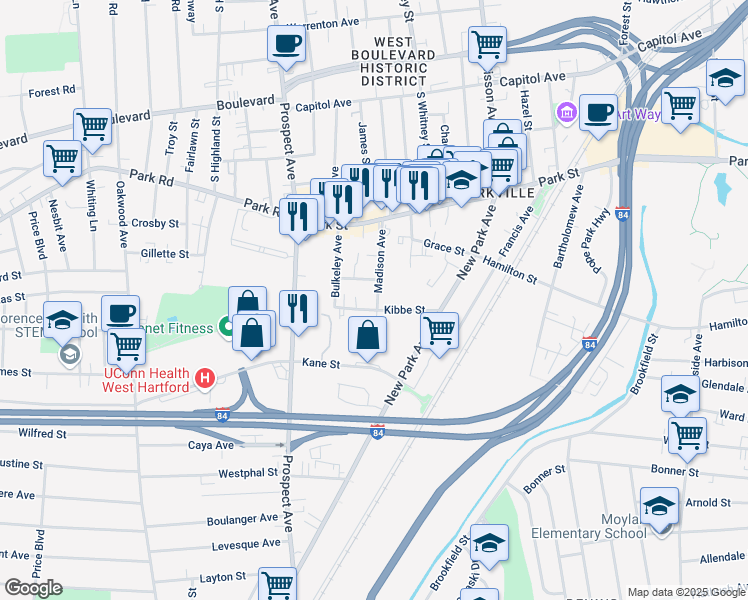 map of restaurants, bars, coffee shops, grocery stores, and more near 80 Madison Avenue in Hartford