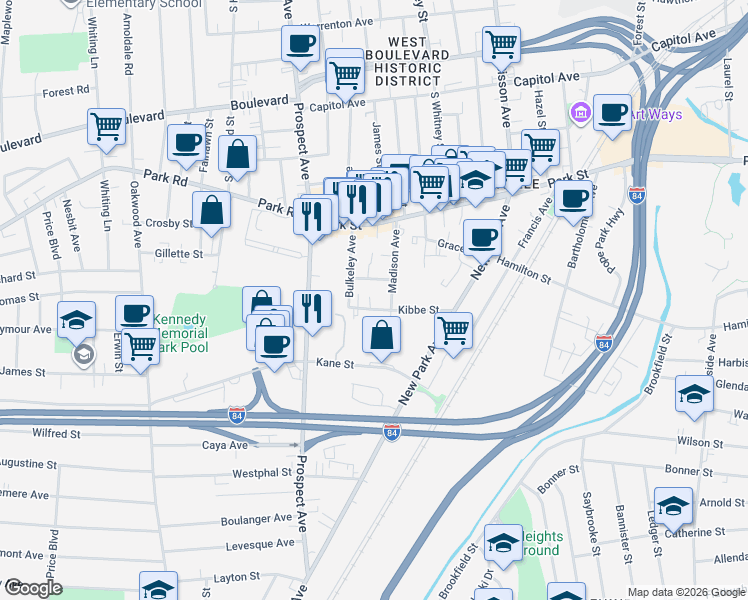 map of restaurants, bars, coffee shops, grocery stores, and more near 82 Kibbe Street in Hartford