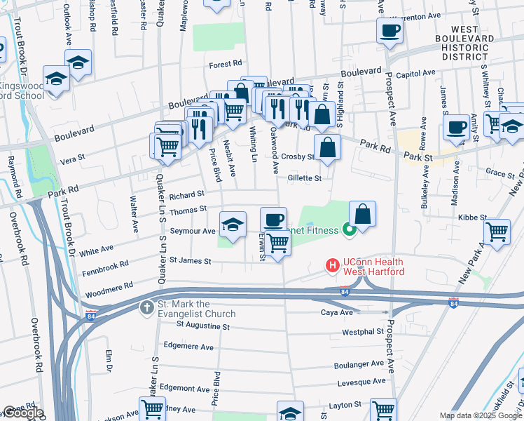 map of restaurants, bars, coffee shops, grocery stores, and more near 17 Thomas Street in West Hartford