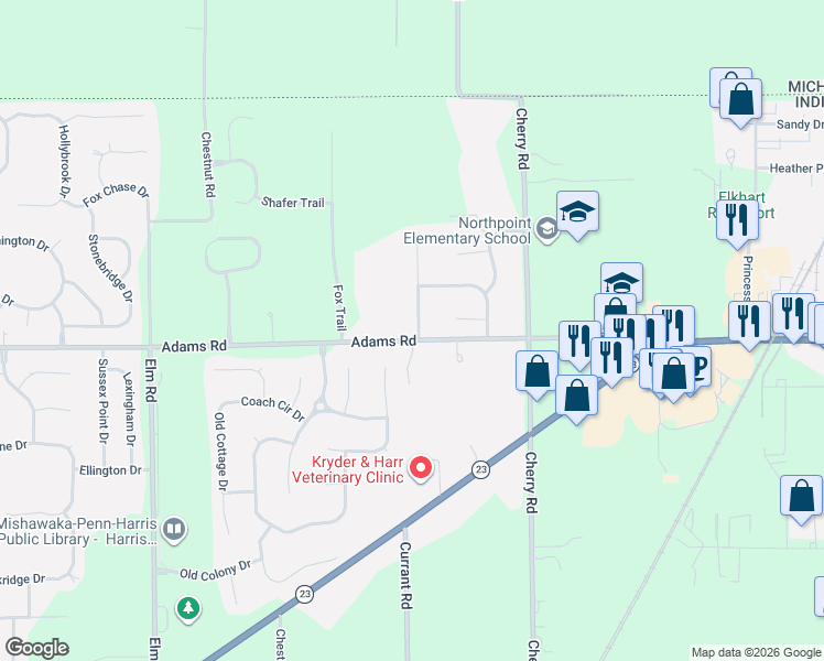 map of restaurants, bars, coffee shops, grocery stores, and more near 50801-50999 Sturdy Oak Lane in Granger