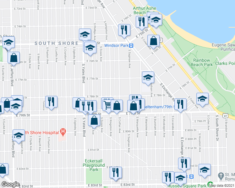 map of restaurants, bars, coffee shops, grocery stores, and more near 2606 East 78th Street in Chicago