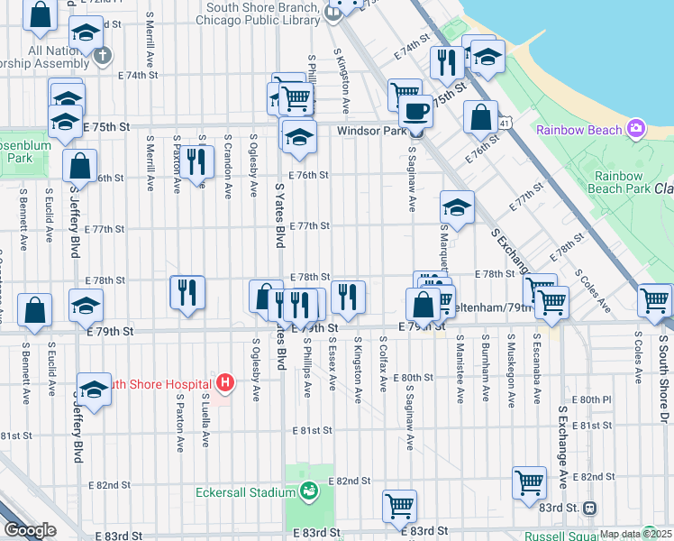 map of restaurants, bars, coffee shops, grocery stores, and more near 7748 South Essex Avenue in Chicago