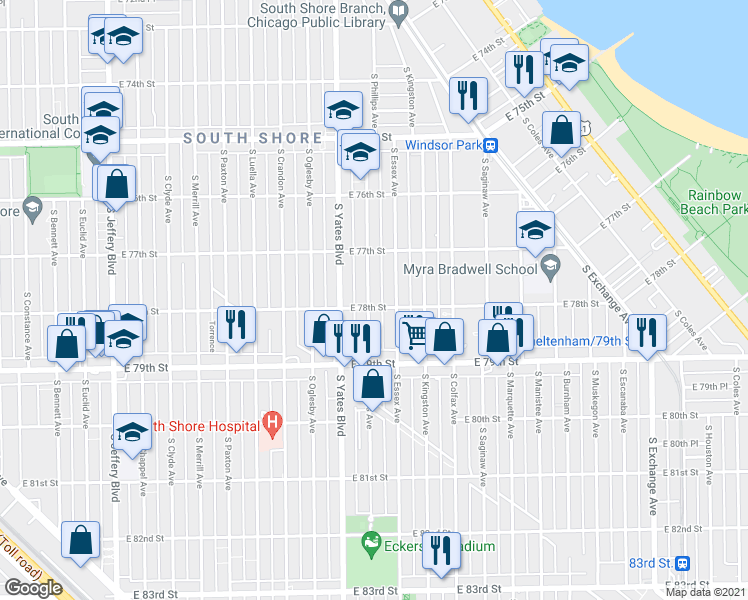 map of restaurants, bars, coffee shops, grocery stores, and more near 7742 South Phillips Avenue in Chicago