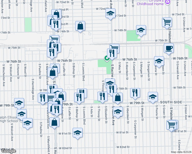 map of restaurants, bars, coffee shops, grocery stores, and more near 7700 South Ada Street in Chicago
