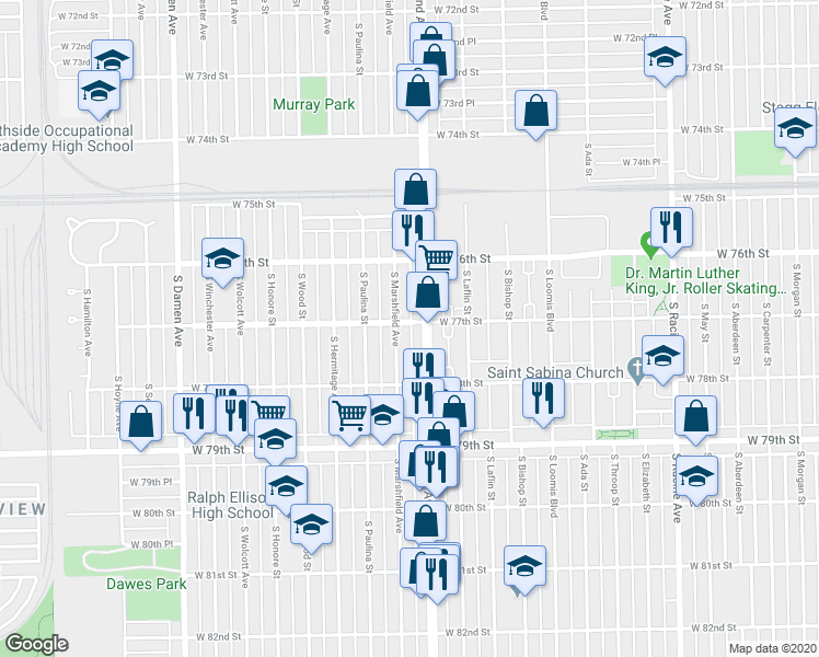 map of restaurants, bars, coffee shops, grocery stores, and more near 7657 South Marshfield Avenue in Chicago