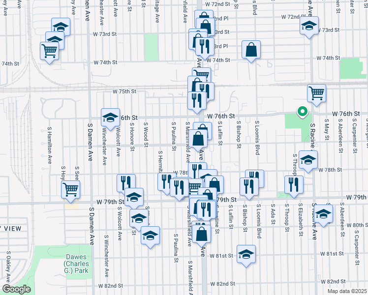 map of restaurants, bars, coffee shops, grocery stores, and more near 1621 West 77th Street in Chicago