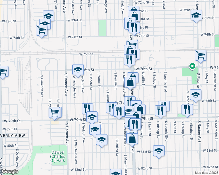 map of restaurants, bars, coffee shops, grocery stores, and more near 7658 South Hermitage Avenue in Chicago
