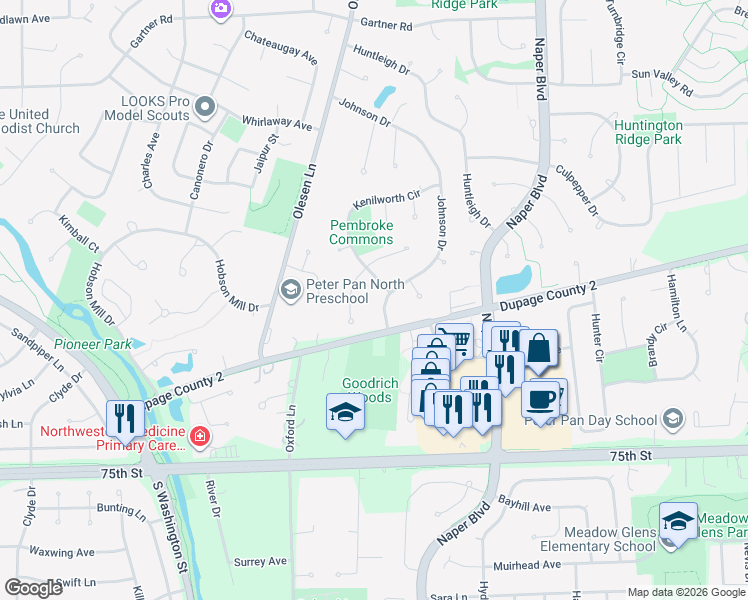 map of restaurants, bars, coffee shops, grocery stores, and more near 1177 Kenilworth Circle in Naperville