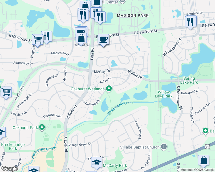 map of restaurants, bars, coffee shops, grocery stores, and more near 31 South Oakhurst Drive in Aurora
