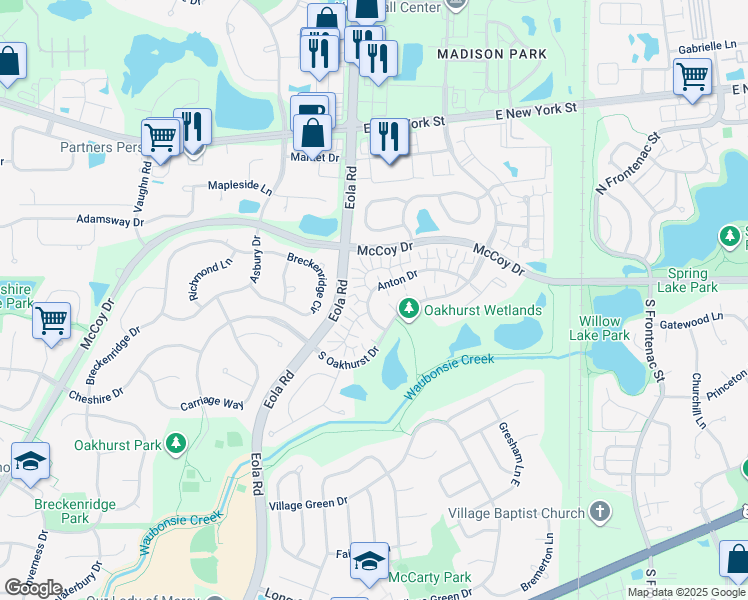 map of restaurants, bars, coffee shops, grocery stores, and more near 3041 Anton Drive in Aurora