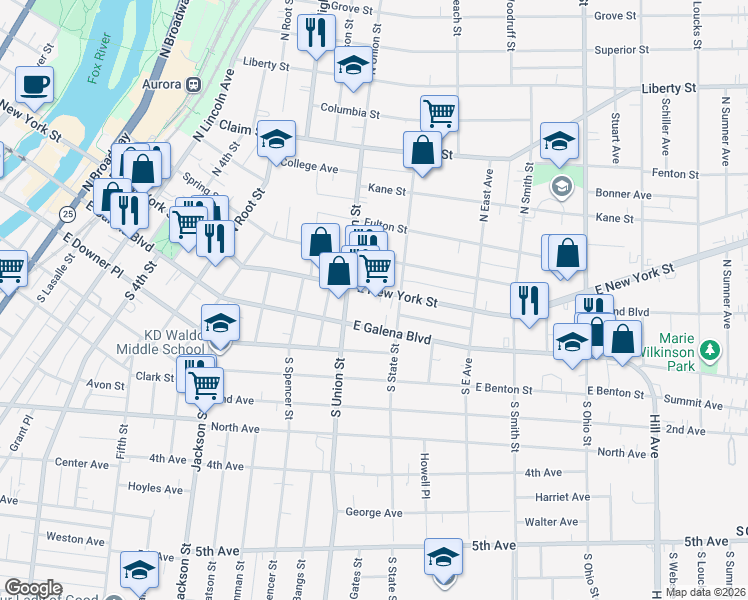 map of restaurants, bars, coffee shops, grocery stores, and more near 717 East New York Street in Aurora