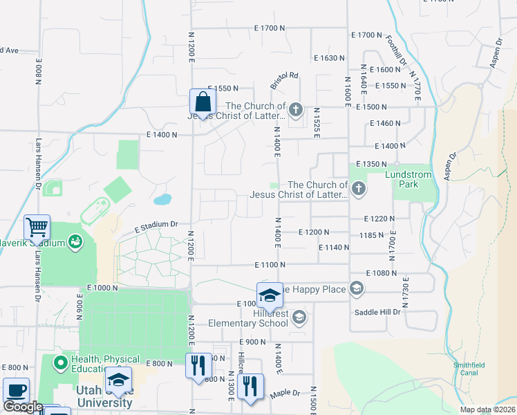 map of restaurants, bars, coffee shops, grocery stores, and more near 1257 North 1380 East in North Logan