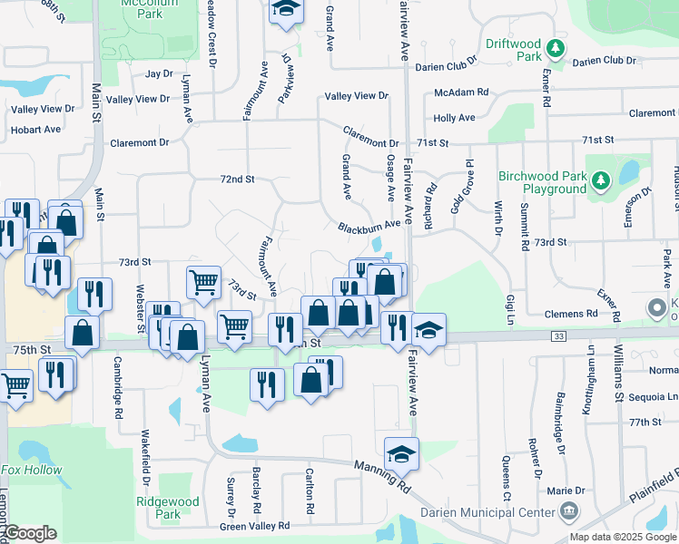 map of restaurants, bars, coffee shops, grocery stores, and more near 480 74th Street in Downers Grove