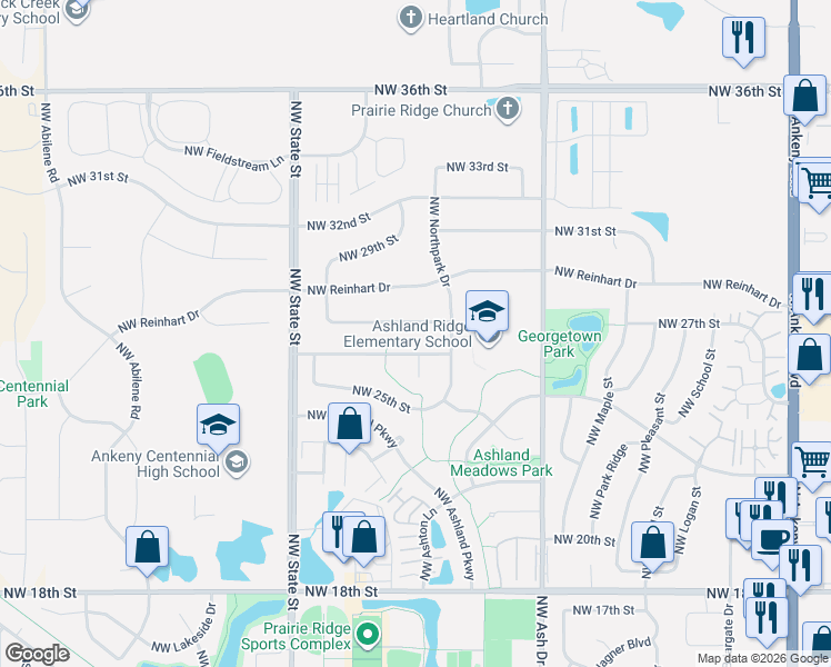 map of restaurants, bars, coffee shops, grocery stores, and more near 1203 Northwest 27th Street in Ankeny