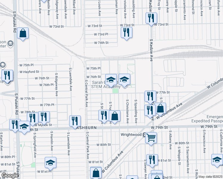 map of restaurants, bars, coffee shops, grocery stores, and more near 3434 West 77th Street in Chicago