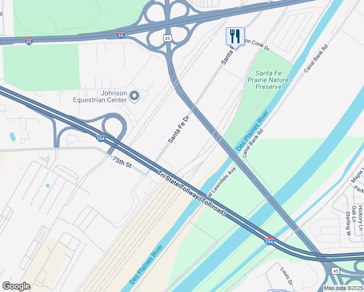map of restaurants, bars, coffee shops, grocery stores, and more near 7435 Santa Fe Drive in Hodgkins