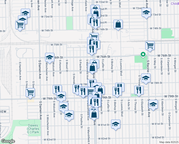 map of restaurants, bars, coffee shops, grocery stores, and more near 1621 West 77th Street in Chicago