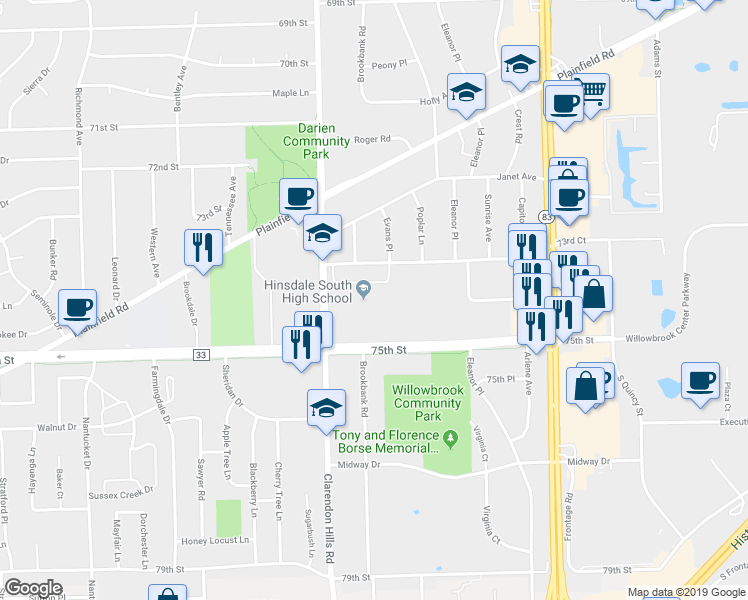map of restaurants, bars, coffee shops, grocery stores, and more near 7401 Clarendon Hills Road in Darien