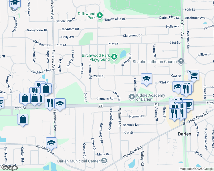 map of restaurants, bars, coffee shops, grocery stores, and more near 1629 Arbor Court in Darien