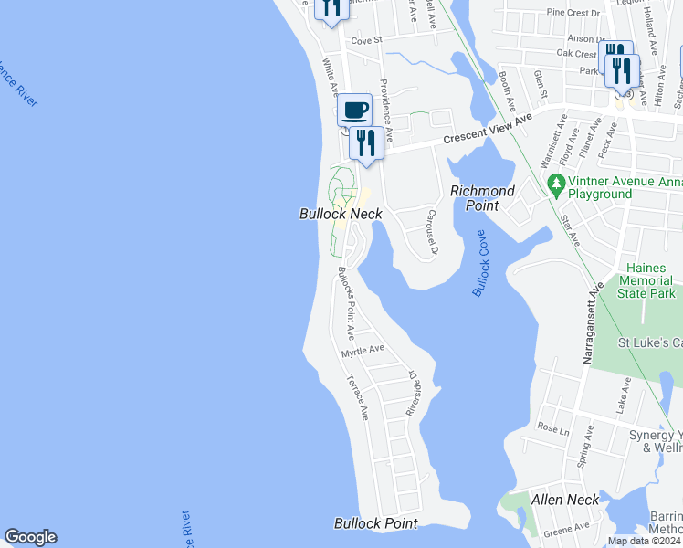 map of restaurants, bars, coffee shops, grocery stores, and more near Bullocks Point Ave & Terrace Ave in East Providence