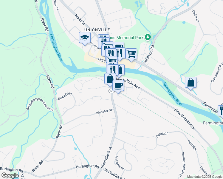 map of restaurants, bars, coffee shops, grocery stores, and more near 150 Plainville Avenue in Farmington
