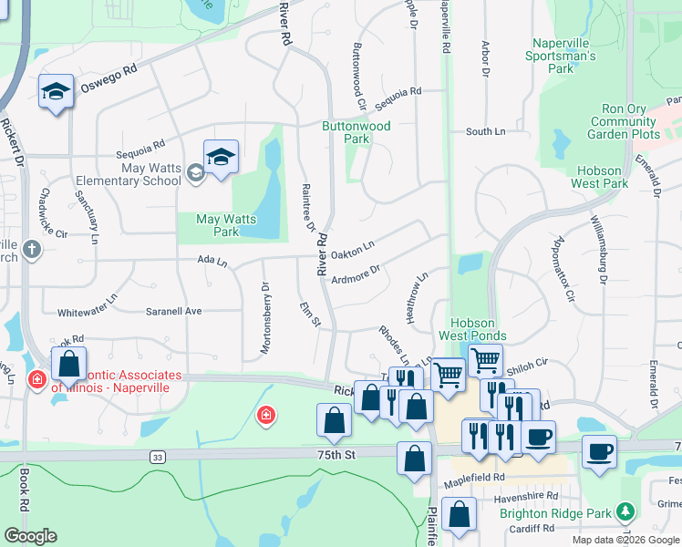 map of restaurants, bars, coffee shops, grocery stores, and more near 1249 Ardmore Drive in Naperville