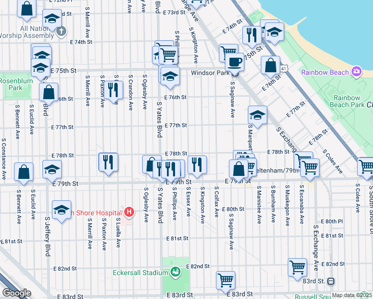 map of restaurants, bars, coffee shops, grocery stores, and more near 7748 South Essex Avenue in Chicago