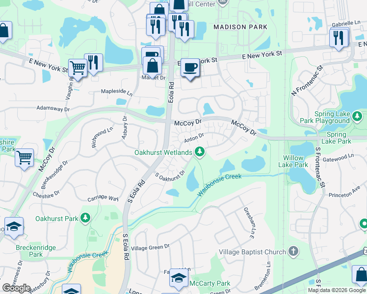 map of restaurants, bars, coffee shops, grocery stores, and more near 3027 Anton Drive in Aurora