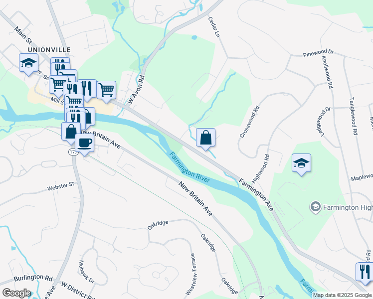 map of restaurants, bars, coffee shops, grocery stores, and more near 1701 Farmington Avenue in Farmington