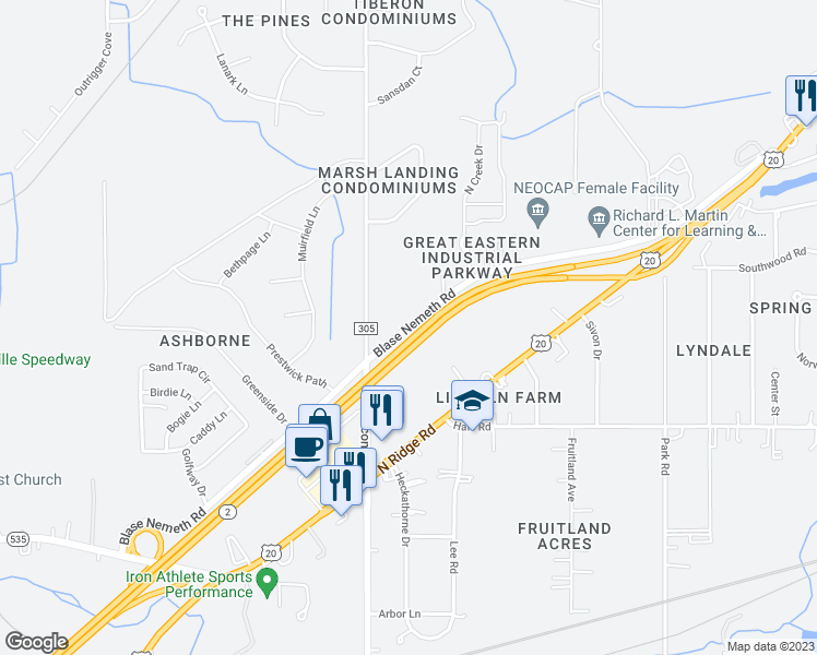 map of restaurants, bars, coffee shops, grocery stores, and more near 1900 Blase Nemeth Road in Painesville