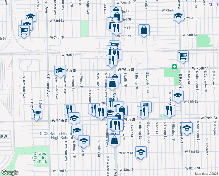 map of restaurants, bars, coffee shops, grocery stores, and more near 7657 South Marshfield Avenue in Chicago