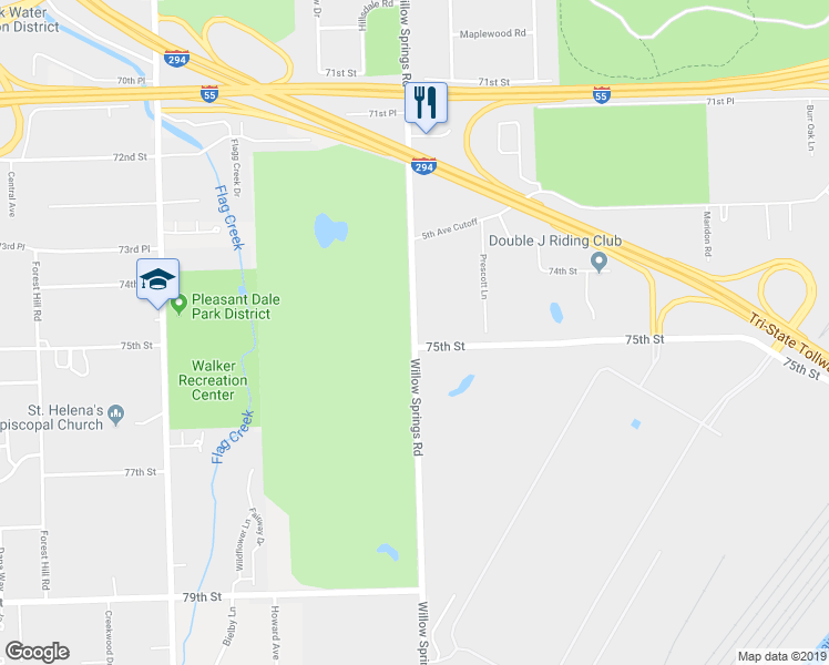 map of restaurants, bars, coffee shops, grocery stores, and more near 7501 Willow Springs Road in Hodgkins