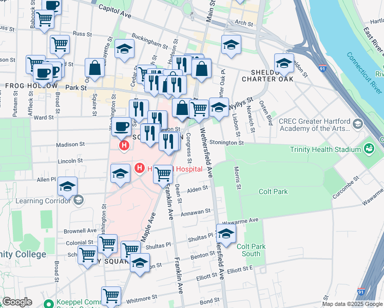 map of restaurants, bars, coffee shops, grocery stores, and more near 42 Congress Street in Hartford
