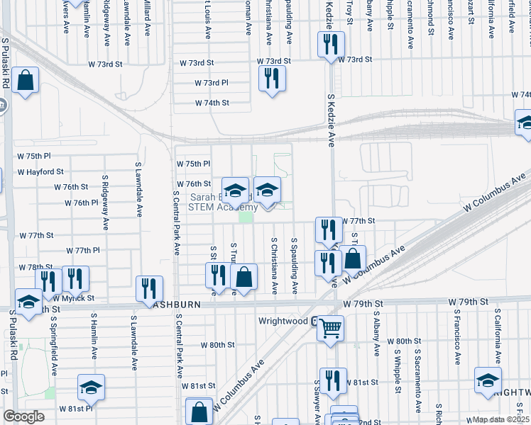 map of restaurants, bars, coffee shops, grocery stores, and more near 7651 South Homan Avenue in Chicago