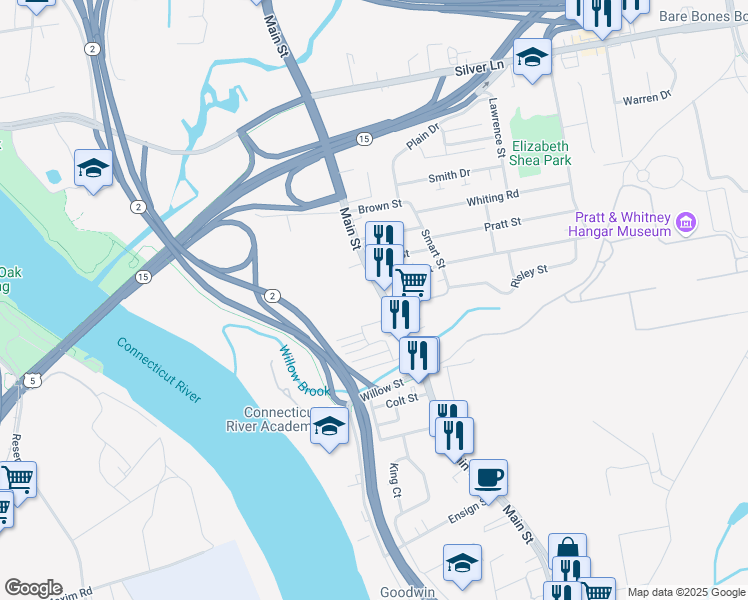 map of restaurants, bars, coffee shops, grocery stores, and more near 452 Main Street in East Hartford
