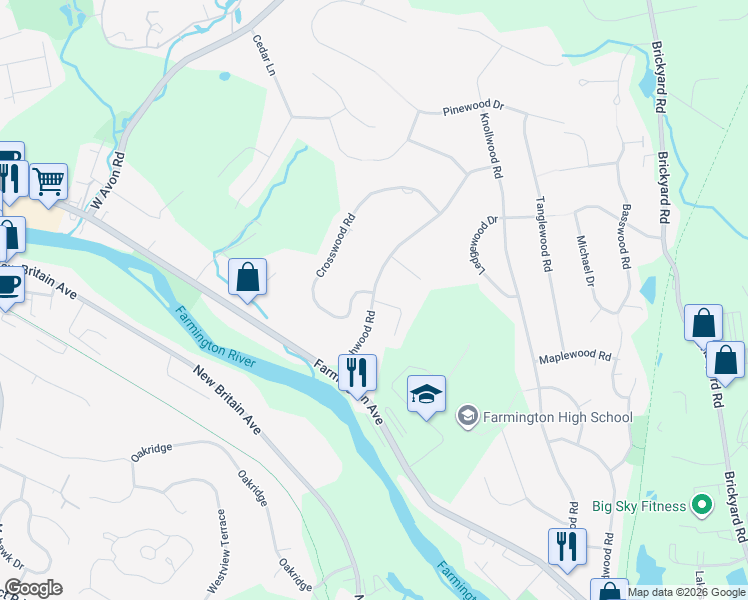 map of restaurants, bars, coffee shops, grocery stores, and more near 2 Candlewood Lane in Farmington