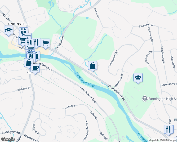 map of restaurants, bars, coffee shops, grocery stores, and more near 1686 Farmington Avenue in Farmington