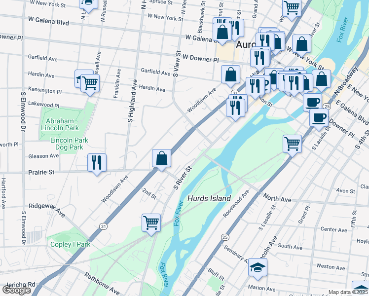 map of restaurants, bars, coffee shops, grocery stores, and more near 339 Middle Avenue in Aurora