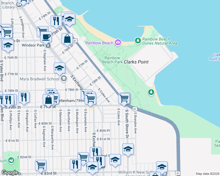 map of restaurants, bars, coffee shops, grocery stores, and more near 7826 South South Shore Drive in Chicago