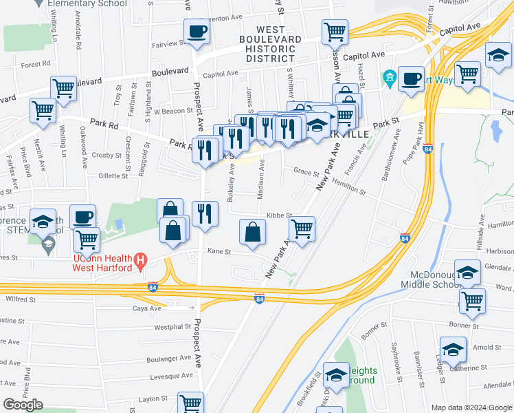 map of restaurants, bars, coffee shops, grocery stores, and more near 77 Madison Avenue in Hartford