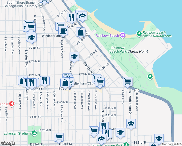 map of restaurants, bars, coffee shops, grocery stores, and more near 7770 South Exchange Avenue in Chicago