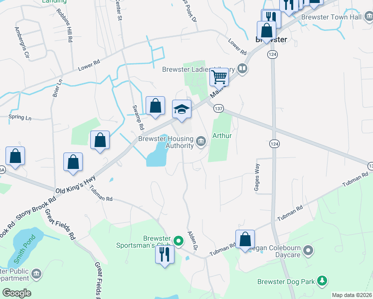 map of restaurants, bars, coffee shops, grocery stores, and more near 71 Alden Drive in Brewster