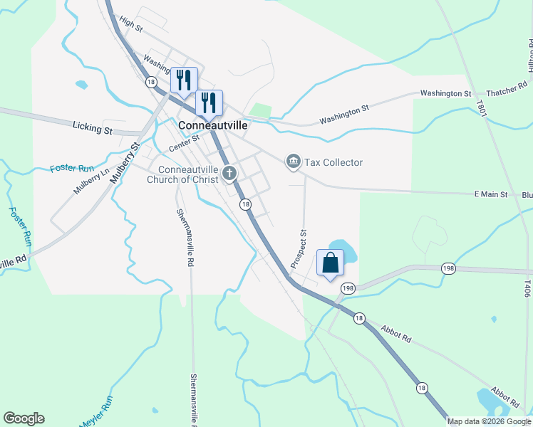 map of restaurants, bars, coffee shops, grocery stores, and more near 1600 Strawberry Alley in Conneautville